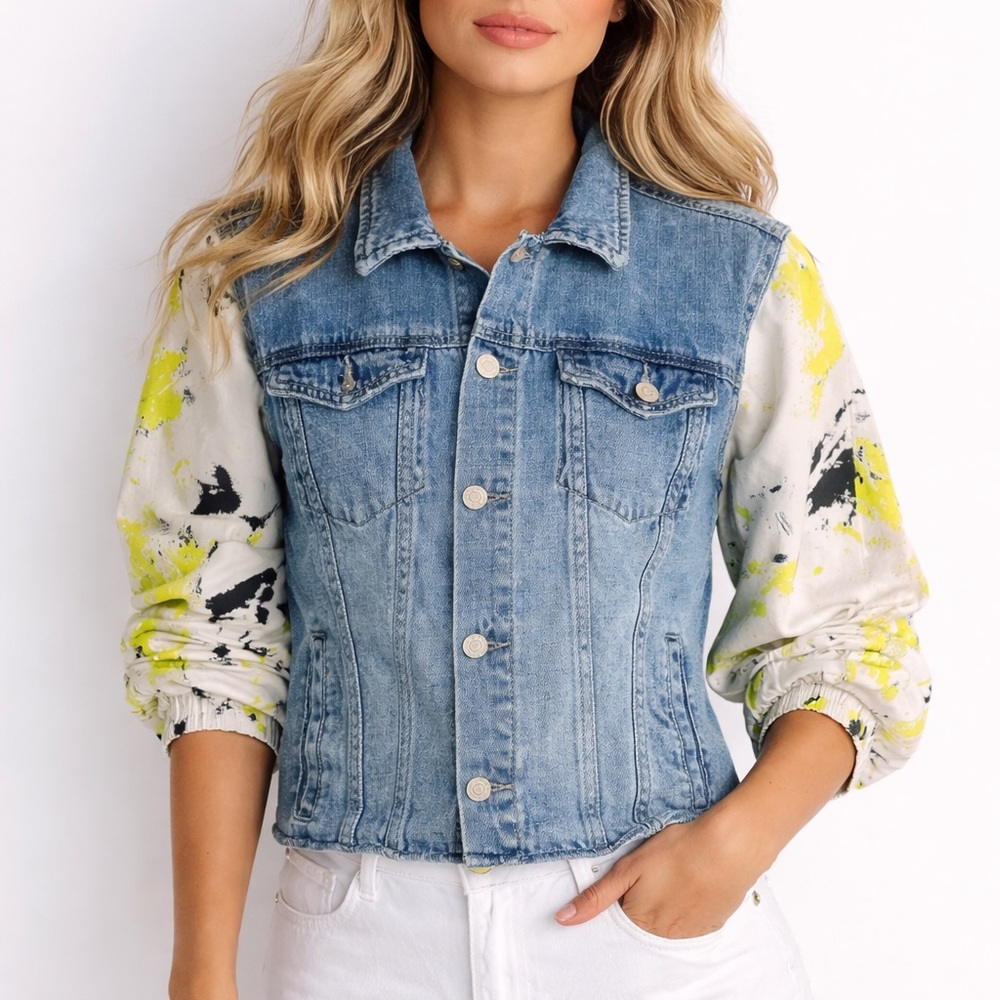 Up cycle Denim Jacket with Paint-Splatter Sleeves - Blue & Neon Yellow Ptp 22